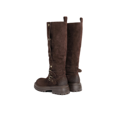 百丽复古绒面西部靴女2025冬新厚底增高潮流双饰扣高筒靴B2825DG5