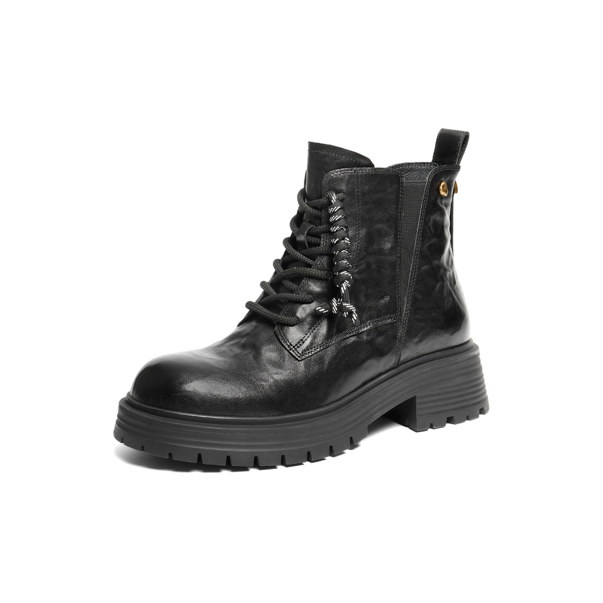 百丽复古抓皱马丁靴女2025冬新商场同款真皮休闲短靴E8D1DDD5