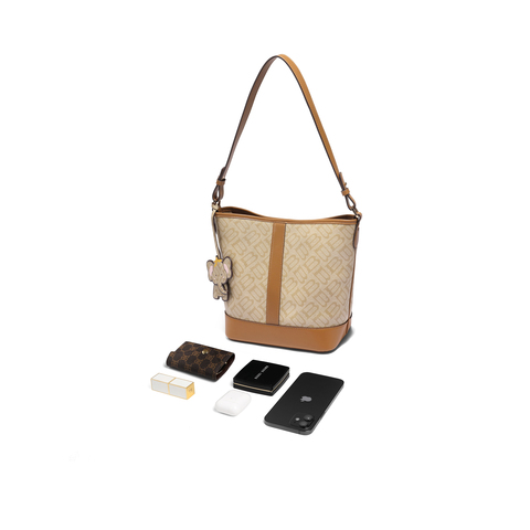 百丽包包女2025秋新商场同款海鸥老花通勤单肩斜挎水桶包JYH25DX5