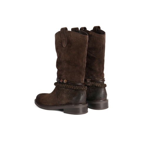 百丽复古时尚时装靴女2025冬新商场同款串珠绑带西部靴3QFC6DZ5