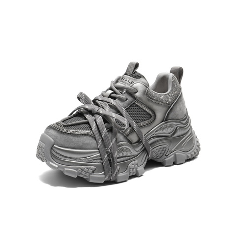 百丽时尚拼接网面水钻老爹鞋女2025秋新厚底增高休闲鞋B2927CM5