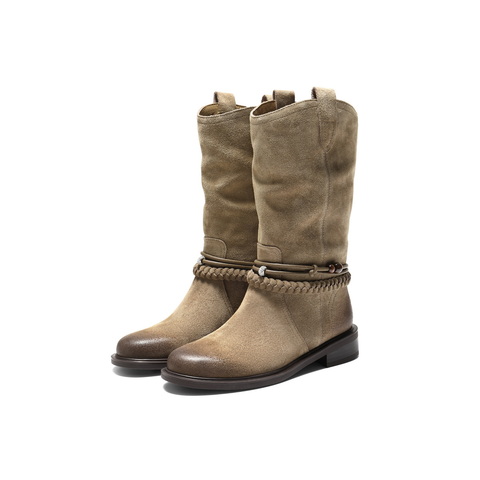 百丽复古时尚时装靴女2025冬新商场同款串珠绑带西部靴3QFC6DZ5