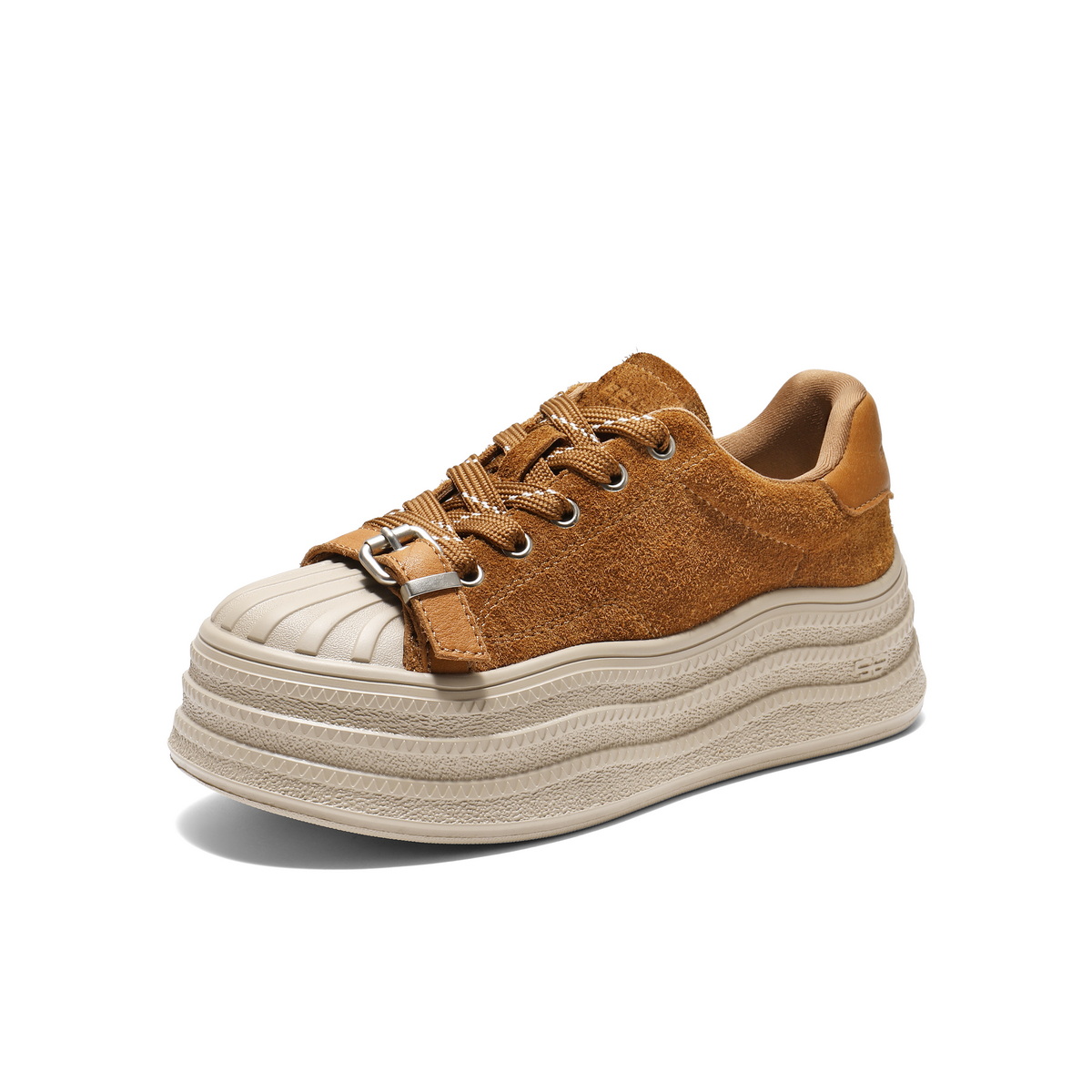 百丽饼干厚底板鞋女2025秋新时尚贝壳头皮带扣休闲鞋B2932CM5