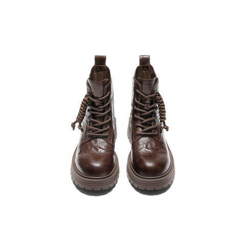 百丽复古抓皱马丁靴女2025冬新商场同款真皮休闲短靴E8D1DDD5