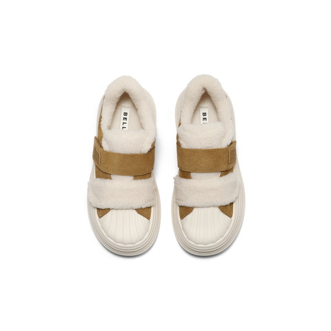 百丽魔术贴毛毛鞋女2025冬新商场同款波浪厚底增高休闲鞋E4J1DDM5