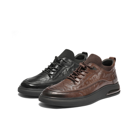 百丽高帮休闲皮鞋男2025新冬牛皮革厚底商务运动板鞋加绒A2191DM5