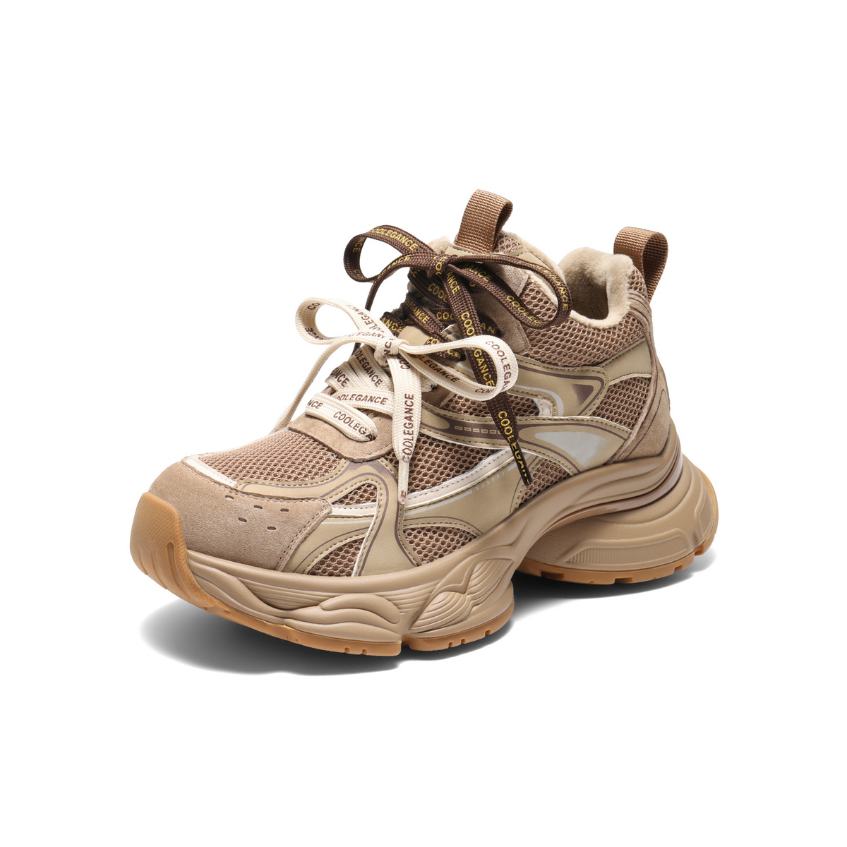 百丽拼接面高帮老爹鞋女2025冬新厚底增高加绒休闲鞋B2891DM5