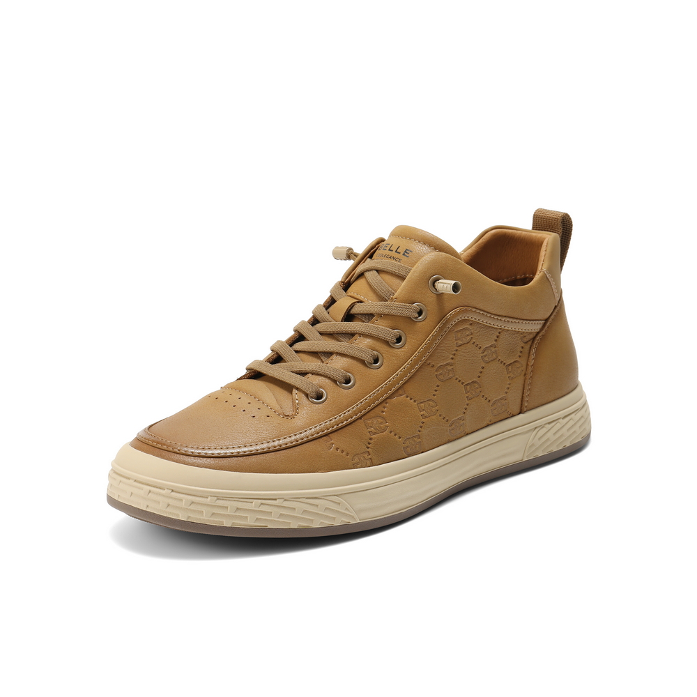 百丽时尚休闲高帮板鞋男鞋2025新款冬季牛皮革印花工装鞋A2188DM5