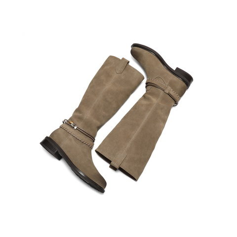 百丽复擦色绒面西部靴女2025冬新商场同款宽筒围高筒靴F2S1DDG5