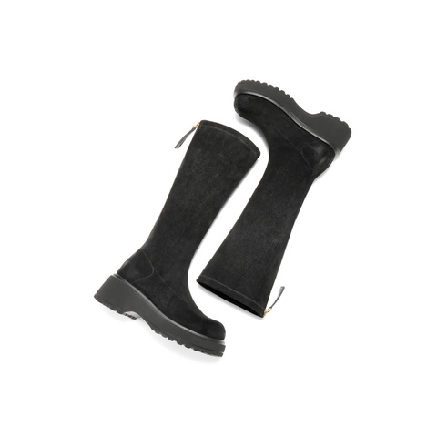 百丽复古简约绒面弹力靴女2025冬新粗跟增高弹力高靴B2860DG5