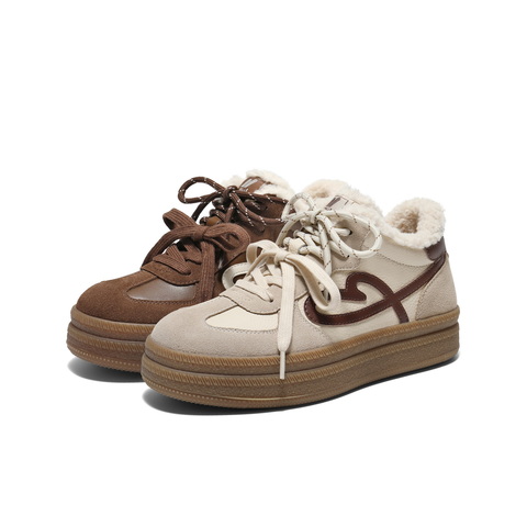 百丽复古撞色爱心高帮鞋女2025冬新厚底加绒保暖休闲板鞋B2936DM5