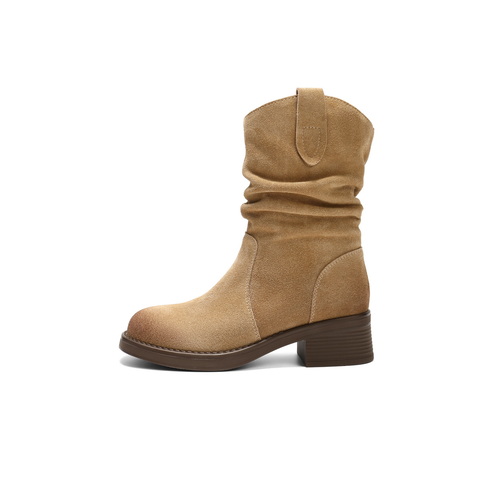 百丽复古时尚V口时装靴女2025冬新百搭显瘦堆堆西部靴B2913DZ5