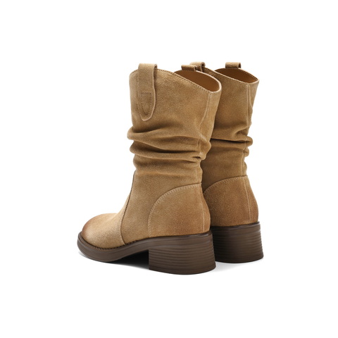 百丽复古时尚V口时装靴女2025冬新百搭显瘦堆堆西部靴B2913DZ5