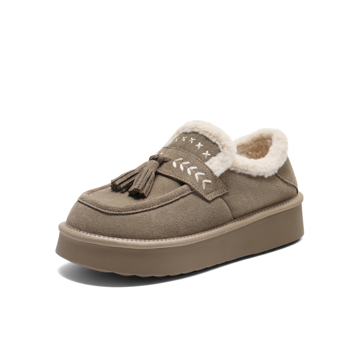 百丽民族风流苏毛毛鞋女2025冬新厚底增高加毛休闲鞋B2827DM5