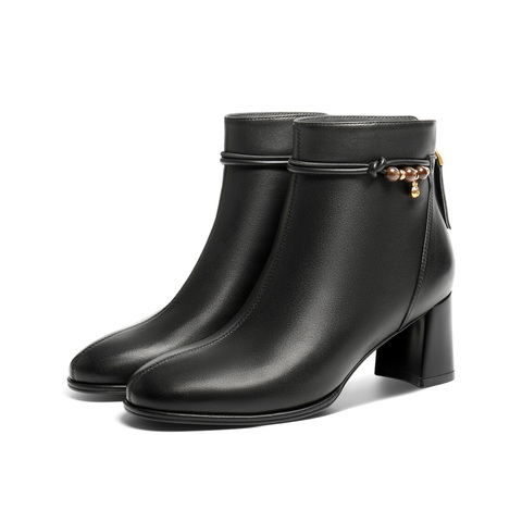 百丽简约优雅时装靴女2025冬新商场同款真皮粗跟气质短靴E8K1DDD5