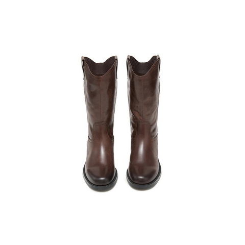 百丽复古做旧擦色时装靴女2025冬新商场同款真皮尖头筒靴3QFD1DS5