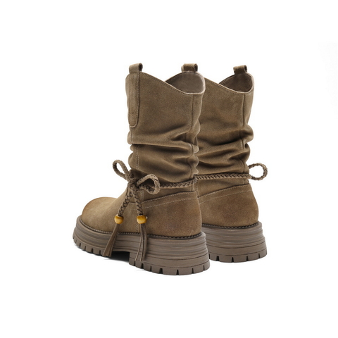 百丽复古擦色西部靴女2025冬新柔软舒适休闲蝴蝶结高靴B2878DZ5