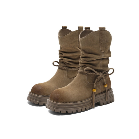 百丽复古擦色西部靴女2025冬新柔软舒适休闲蝴蝶结高靴B2878DZ5