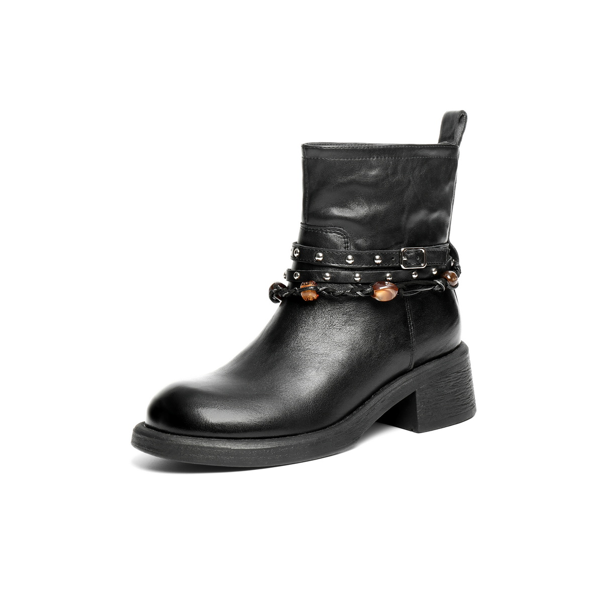 百丽民族风串珠时装靴女2025冬新商场同款真皮厚底短靴F2L1DDD5