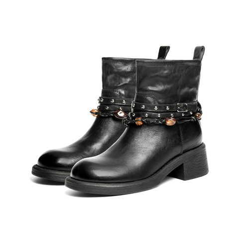 百丽民族风串珠时装靴女2025冬新商场同款真皮厚底短靴F2L1DDD5