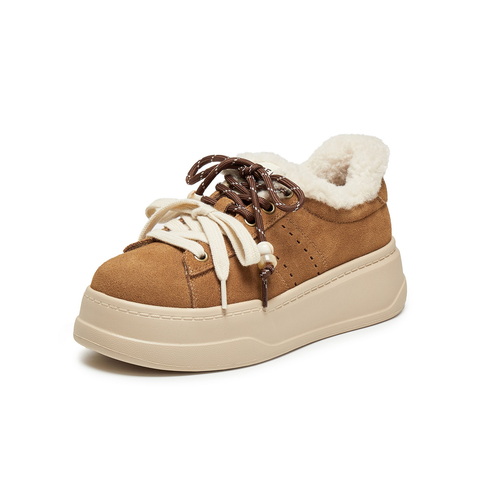 百丽复古双鞋带串珠毛毛鞋女2025冬新厚底增高加绒休闲鞋B2843DM5