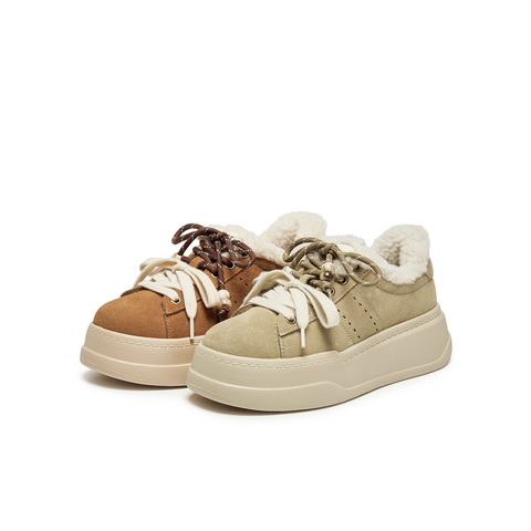 百丽复古双鞋带串珠毛毛鞋女2025冬新厚底增高加绒休闲鞋B2843DM5