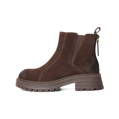 百丽复古褶皱切尔西靴女2025冬新厚底增高休闲短靴B2914DD5