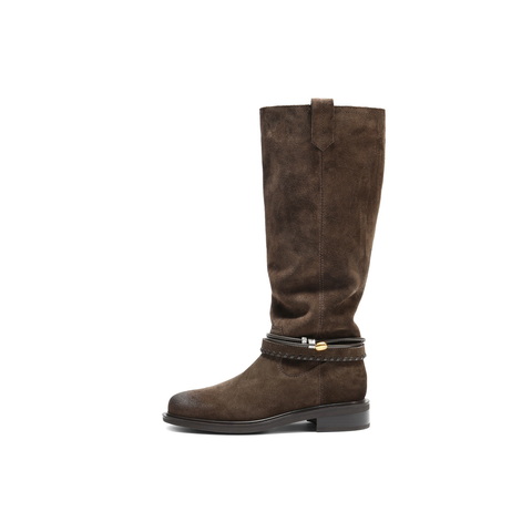 百丽复擦色绒面西部靴女2025冬新商场同款宽筒围高筒靴F2S1DDG5