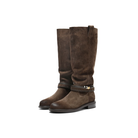 百丽复擦色绒面西部靴女2025冬新商场同款宽筒围高筒靴F2S1DDG5