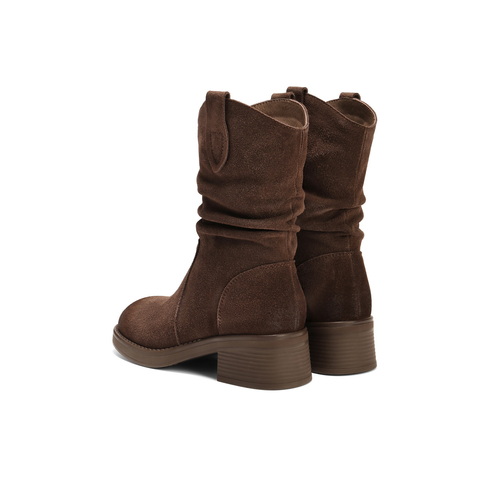 百丽复古时尚V口时装靴女2025冬新百搭显瘦堆堆西部靴B2913DZ5