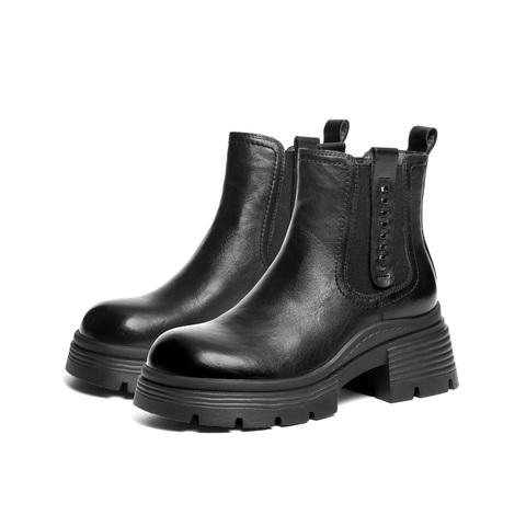 百丽擦色复古切尔西靴女2025冬新商场同款真皮厚底短靴F2K1DDD5