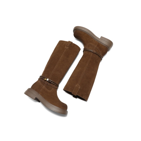 百丽复古绒面时装靴女2025冬新商场同款厚底增高高筒靴E8J2DDG5