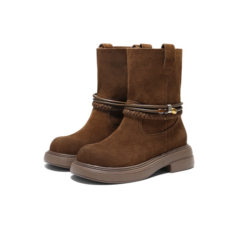 百丽厚底增高休闲靴女2025冬新商场同款复古绒面西部靴E8J1DDZ5