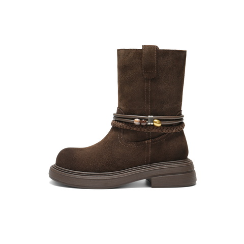 百丽厚底增高休闲靴女2025冬新商场同款复古绒面西部靴E8J1DDZ5