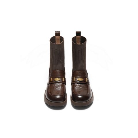 百丽学院风袜靴女2025冬新复古褶皱感百搭乐福短靴B2881DZ5