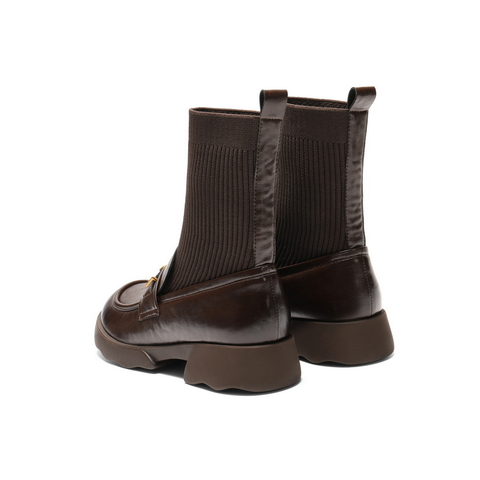 百丽学院风袜靴女2025冬新复古褶皱感百搭乐福短靴B2881DZ5