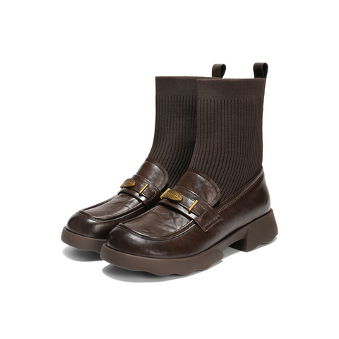 百丽学院风袜靴女2025冬新复古褶皱感百搭乐福短靴B2881DZ5