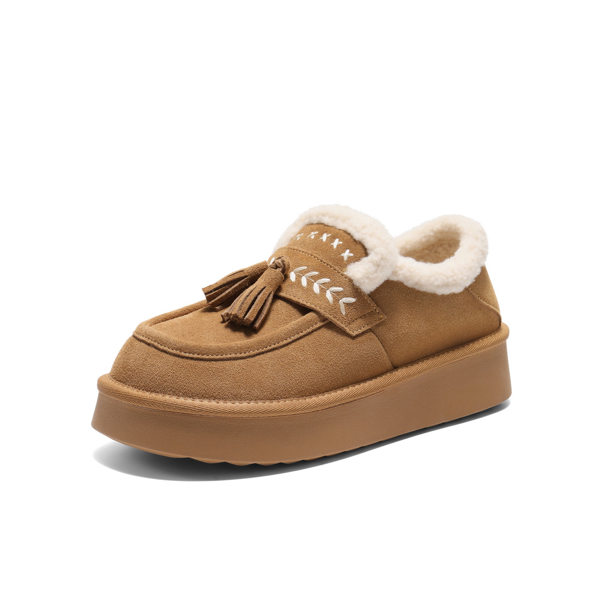 百丽民族风流苏毛毛鞋女2025冬新厚底增高加毛休闲鞋B2827DM5