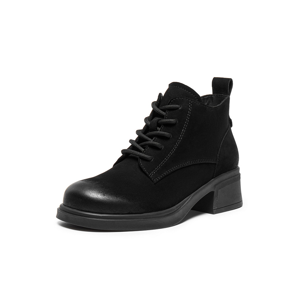 百丽简约复古马丁靴女2025冬新真皮粗跟增高百搭休闲短靴3NW51DD5