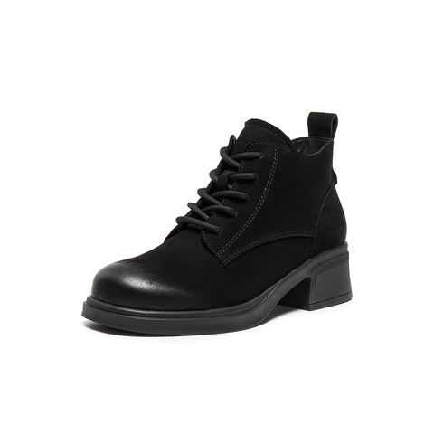 百丽简约复古马丁靴女2025冬新真皮粗跟增高百搭休闲短靴3NW51DD5