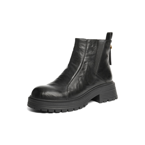 百丽复古褶皱切尔西靴女2025冬新厚底增高休闲短靴B2914DD5