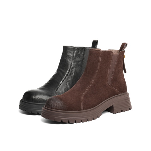 百丽复古褶皱切尔西靴女2025冬新厚底增高休闲短靴B2914DD5