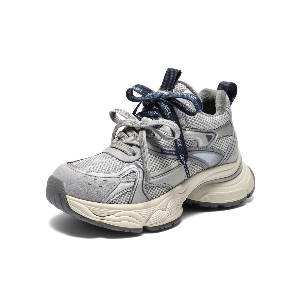 百丽拼接面高帮老爹鞋女2025冬新厚底增高加绒休闲鞋B2891DM5