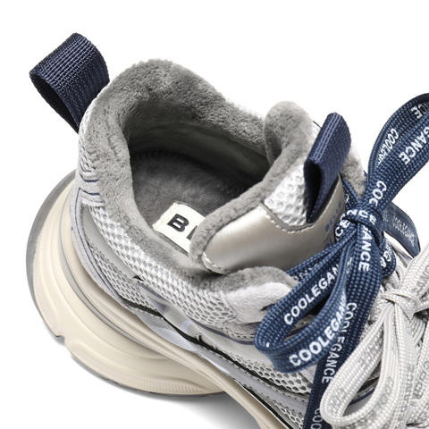 百丽拼接面高帮老爹鞋女2025冬新厚底增高加绒休闲鞋B2891DM5