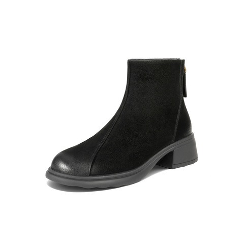 百丽复古擦色时装靴女2025冬新气质百搭粗跟增高短靴B2910DD5