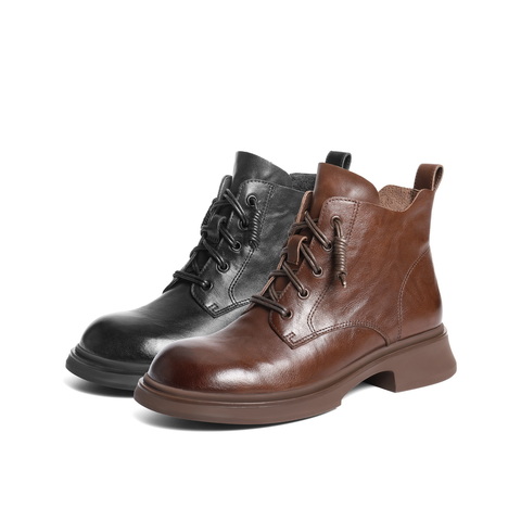 百丽复古抓皱马丁靴女2025冬新真皮厚底增高休闲短靴B2939DD5