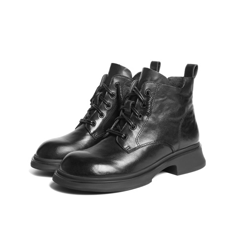 百丽复古抓皱马丁靴女2025冬新真皮厚底增高休闲短靴B2939DD5