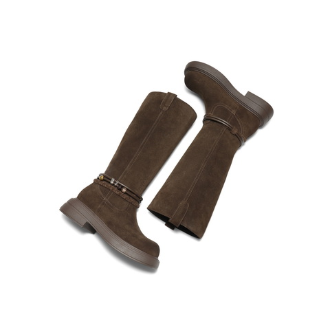 百丽复古绒面时装靴女2025冬新商场同款厚底增高高筒靴E8J2DDG5