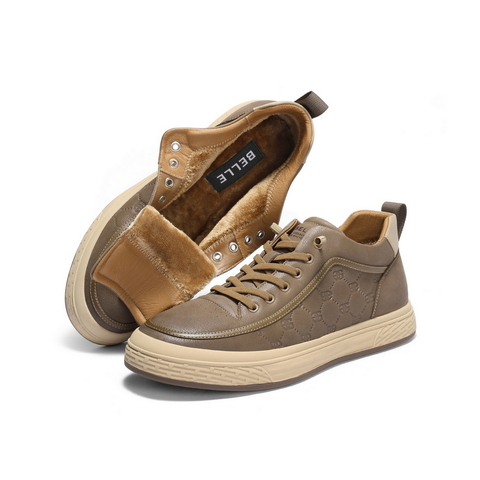 百丽时尚休闲高帮板鞋男鞋2025新冬牛皮革印花工装鞋加绒A2188DM5