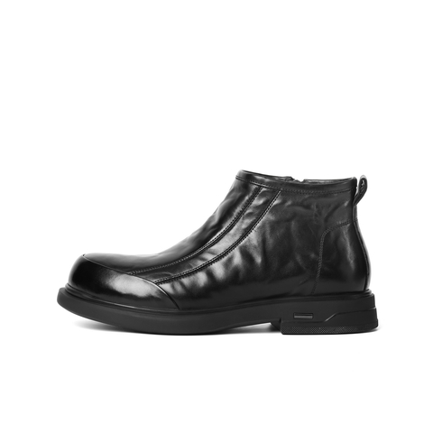 百丽时尚套筒休闲靴男2025新冬商场款牛皮切尔西短靴加绒8XS02DD5